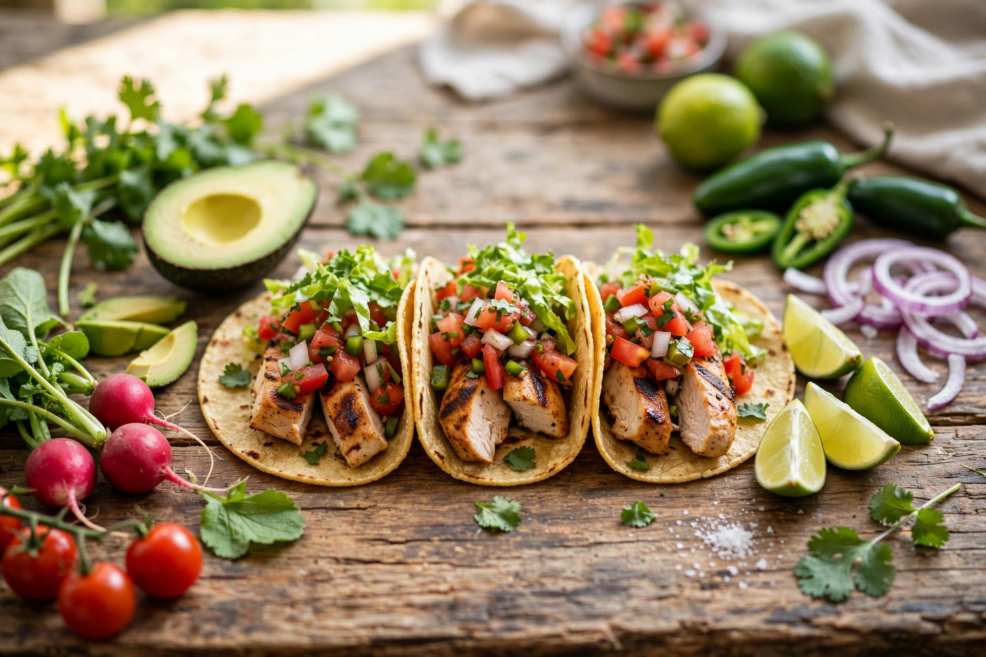 Grilled chicken street tacos with fresh pico de gallo and lime — healthy Del Taco options