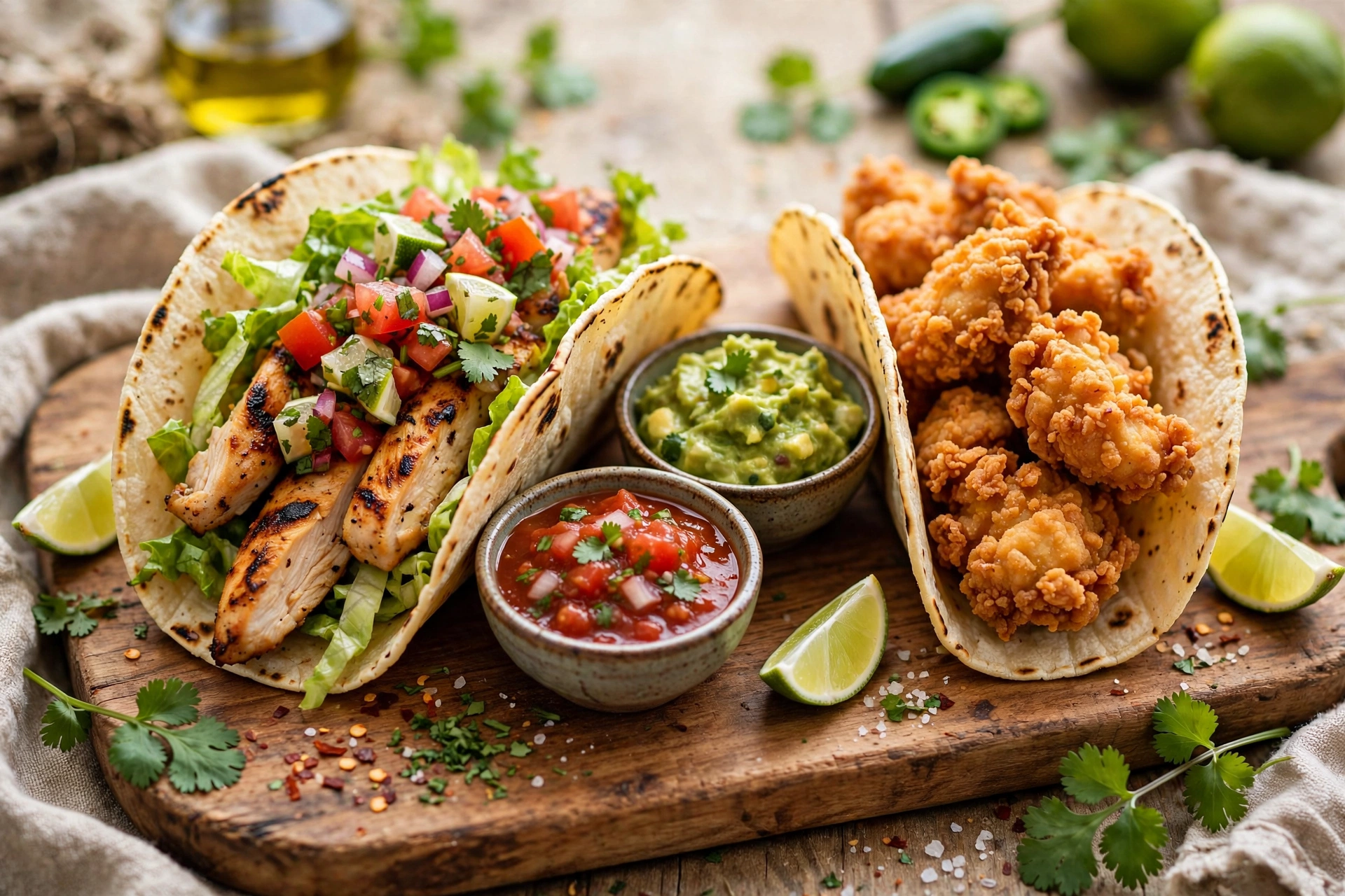 Grilled chicken taco next to crispy chicken taco — calorie comparison