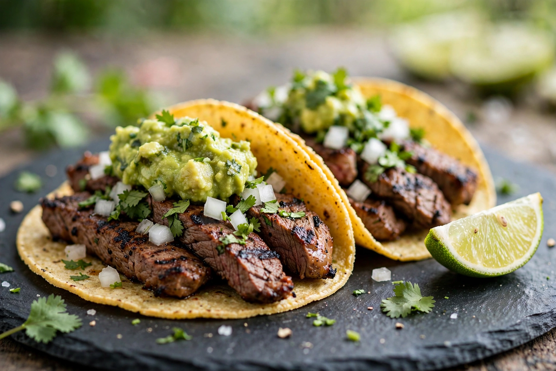 Close-up of grilled steak street tacos with fresh guacamole
