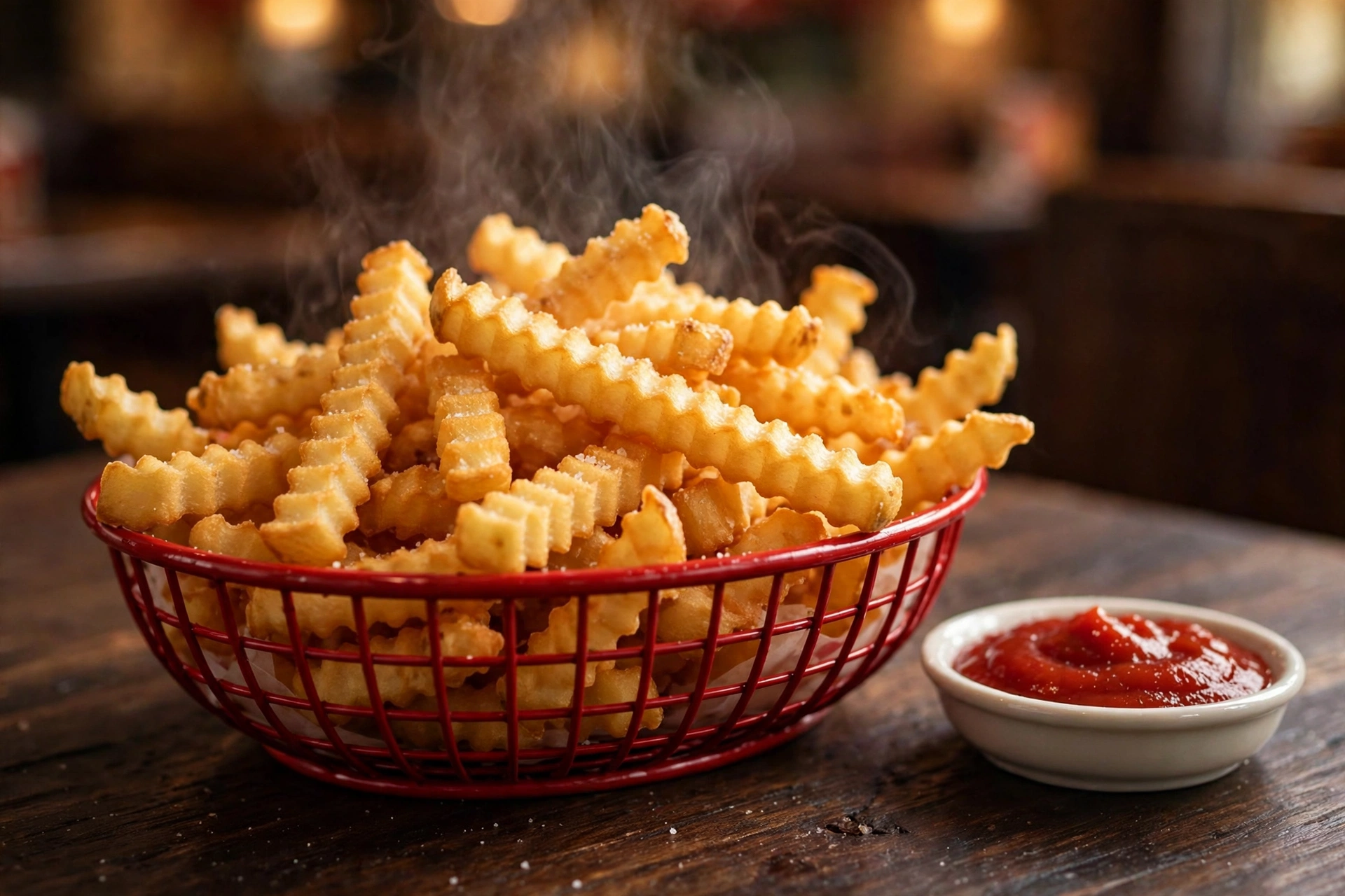 Basket of golden crinkle cut french fries with ketchup