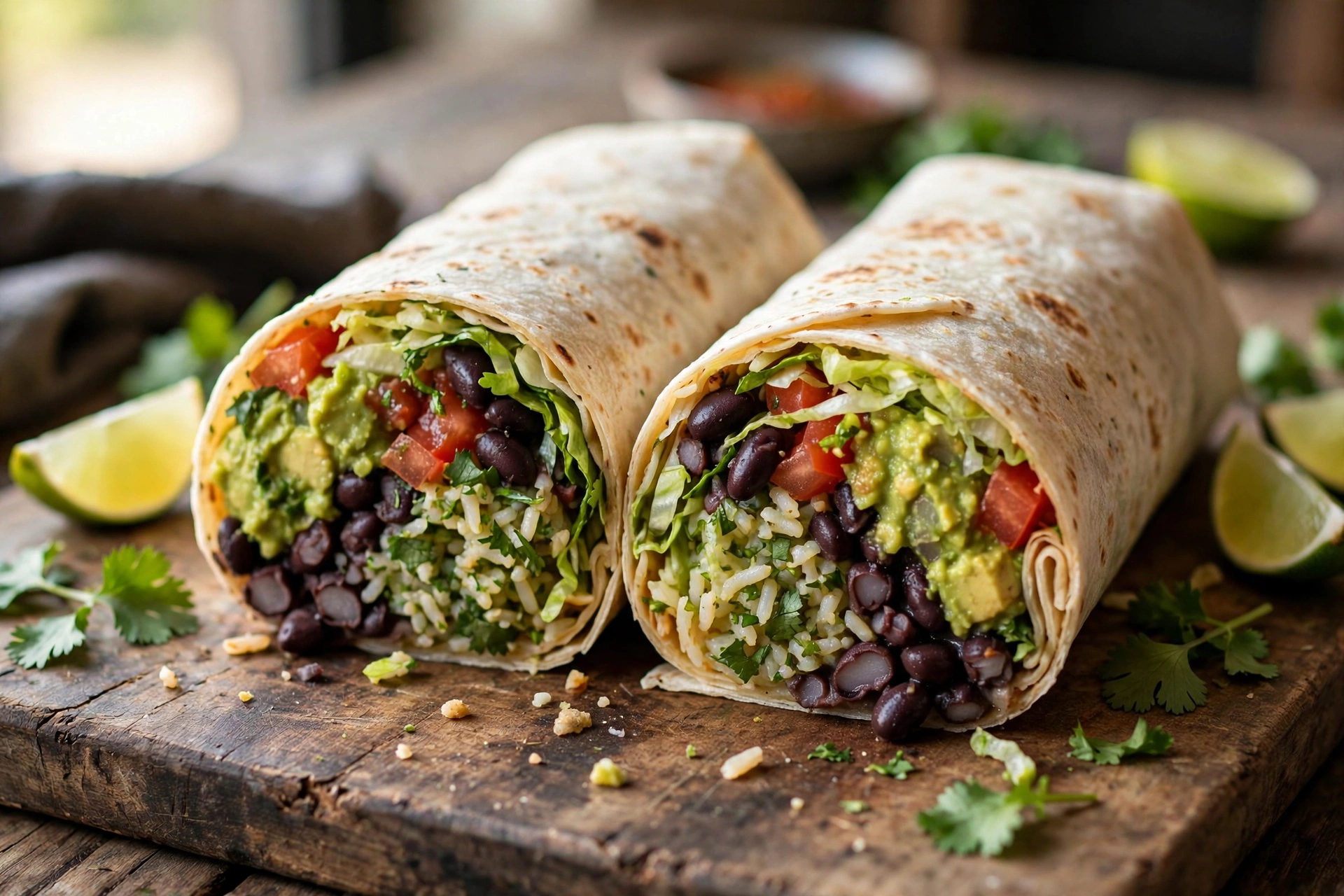 Veggie burrito cut in half showing beans, rice, guacamole and fresh vegetables