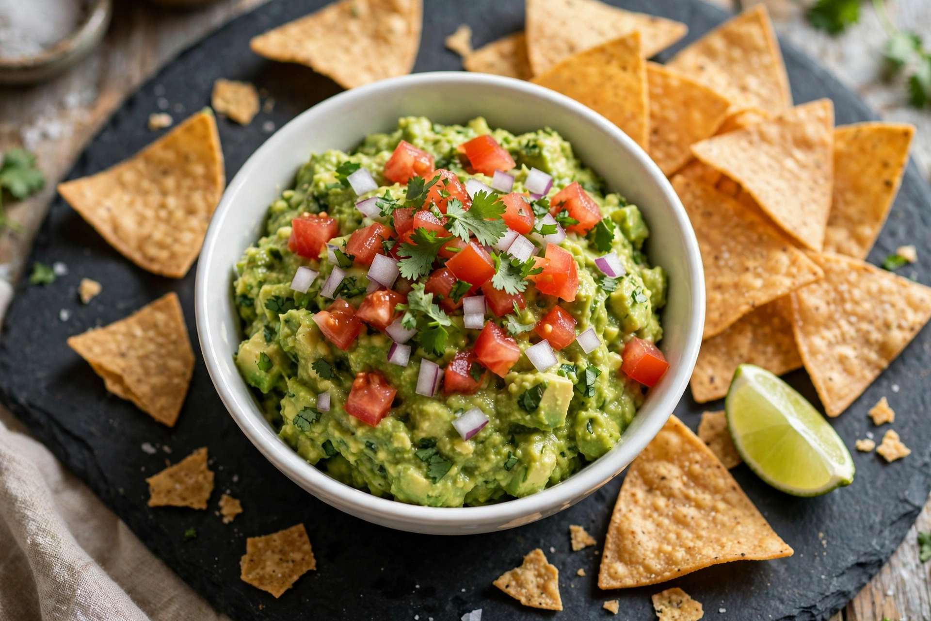 Bowl of fresh chunky guacamole with tortilla chips and lime