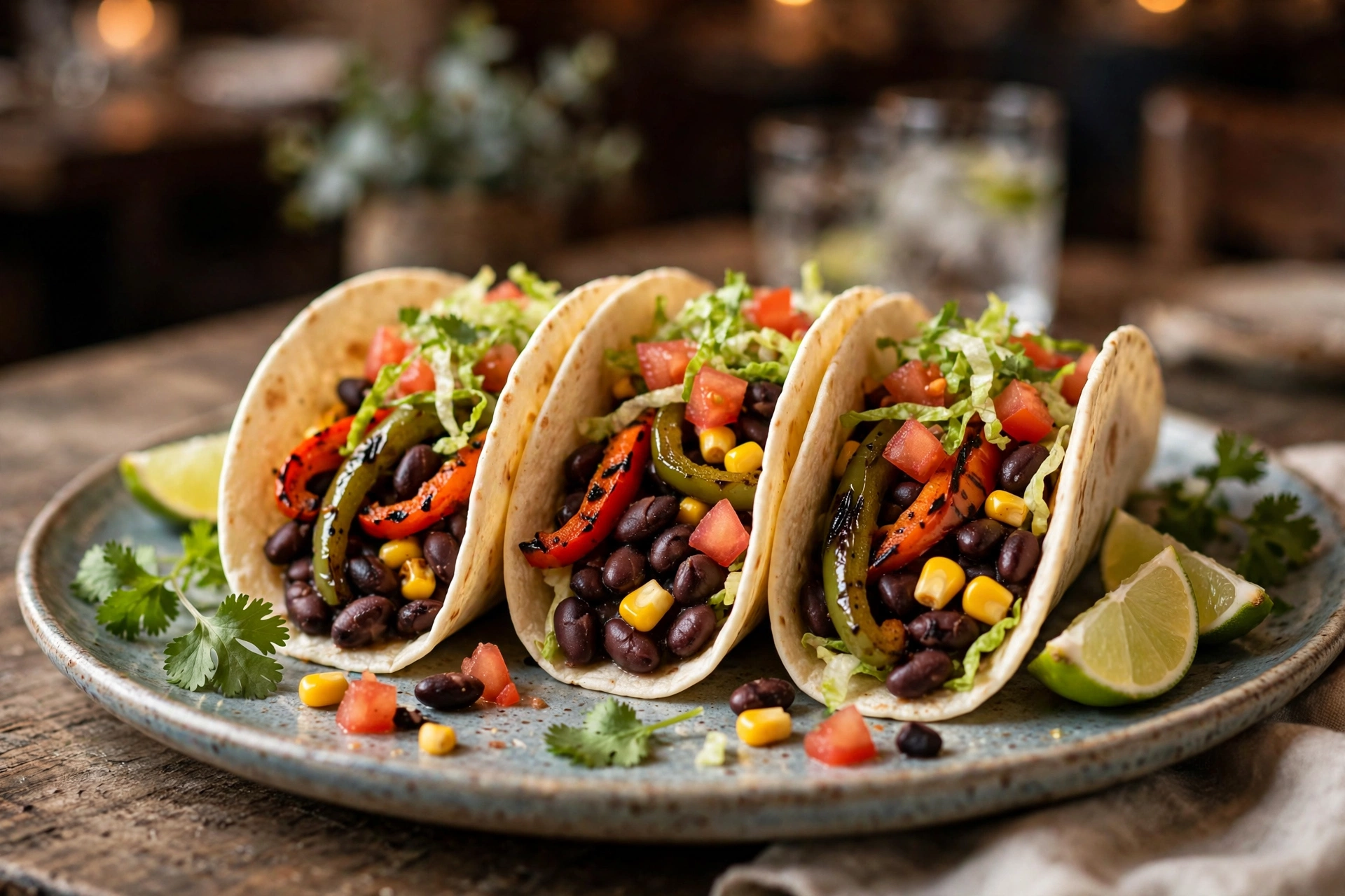 Three vegetarian tacos with black beans, peppers, corn and fresh toppings